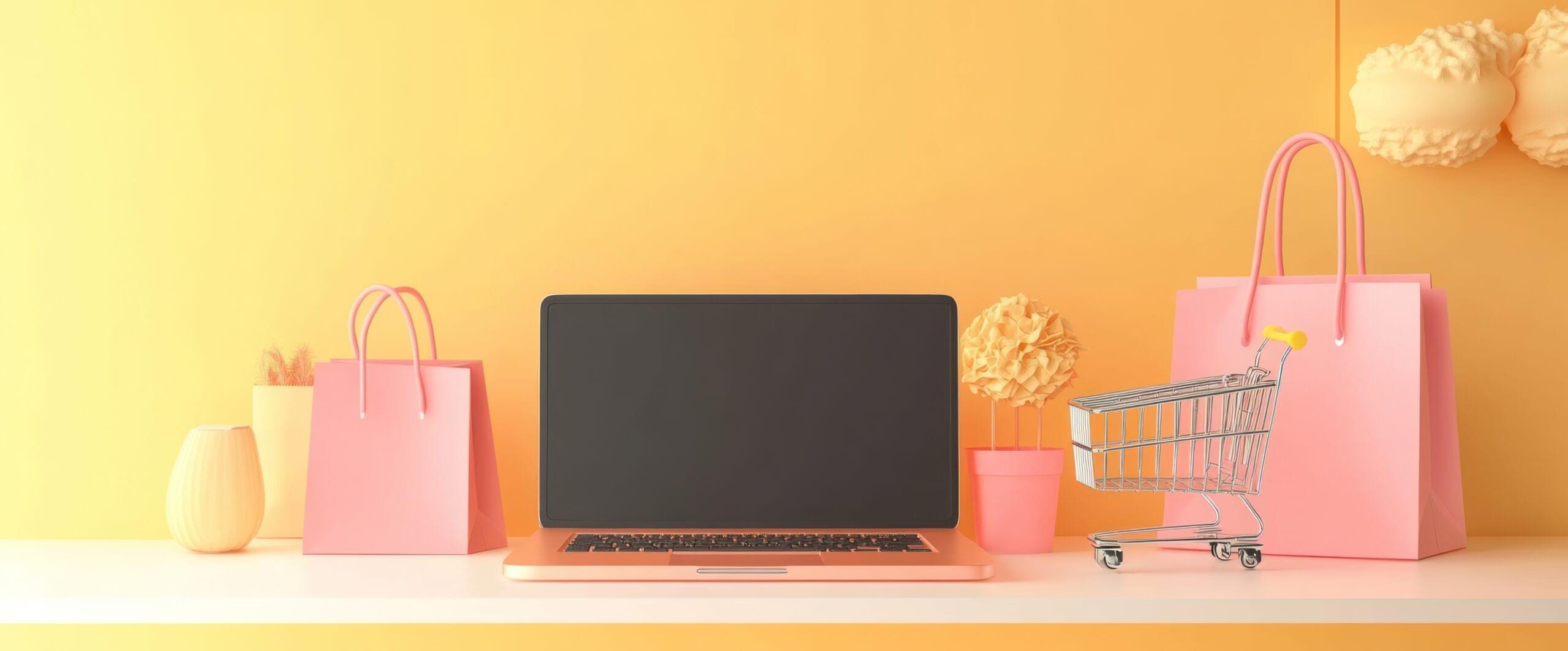 Online Shopping on Laptop with Pink Shopping Bags